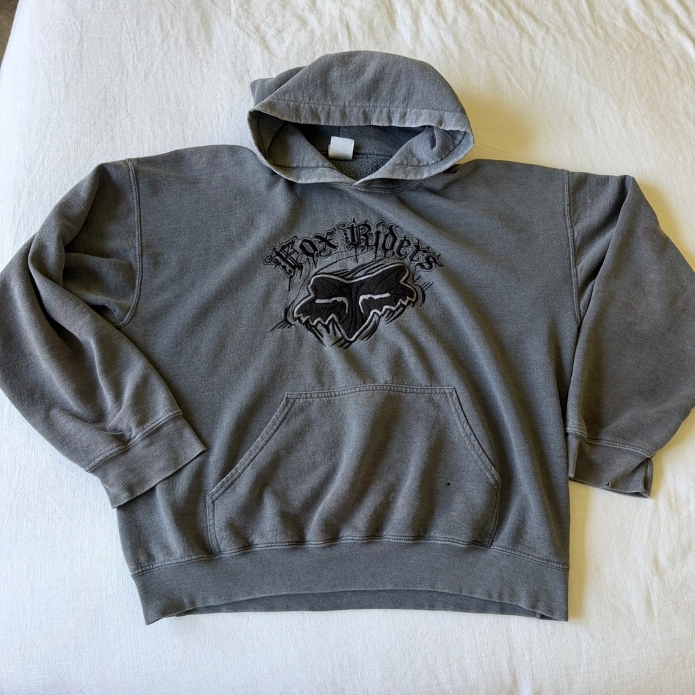Y2K Fox Racing Fox Riders Hoodie Large Gray Embroidered Pullover Distressed - Picture 10 of 10
